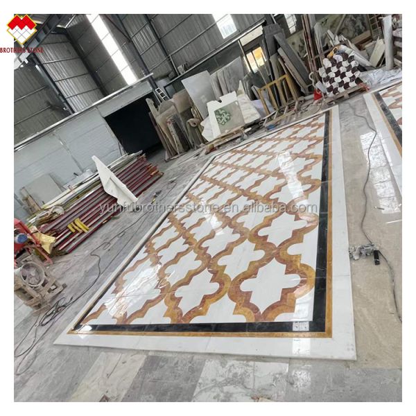 White and Yellow Marble Water Jet Carpet in Modern Design Style for Living Room Villa