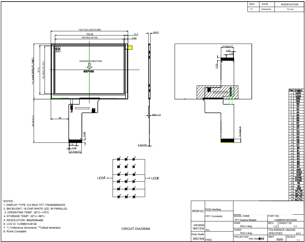 IPS TFT Customized LCD Panel 5 Inch 800x480 Dots ILI5960 ILI6122