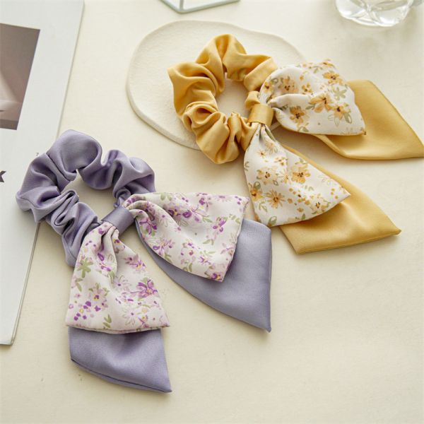 Floral double bow scrunchie girls lady rubber band high appearance horizontal tie hair rope streamer headstring