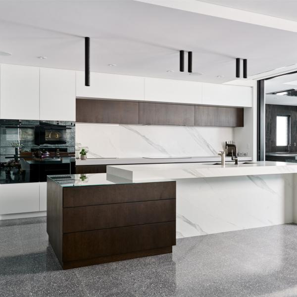 White Lacquer And Timber Veneer Kitchen Units L Shape Kitchen Unit