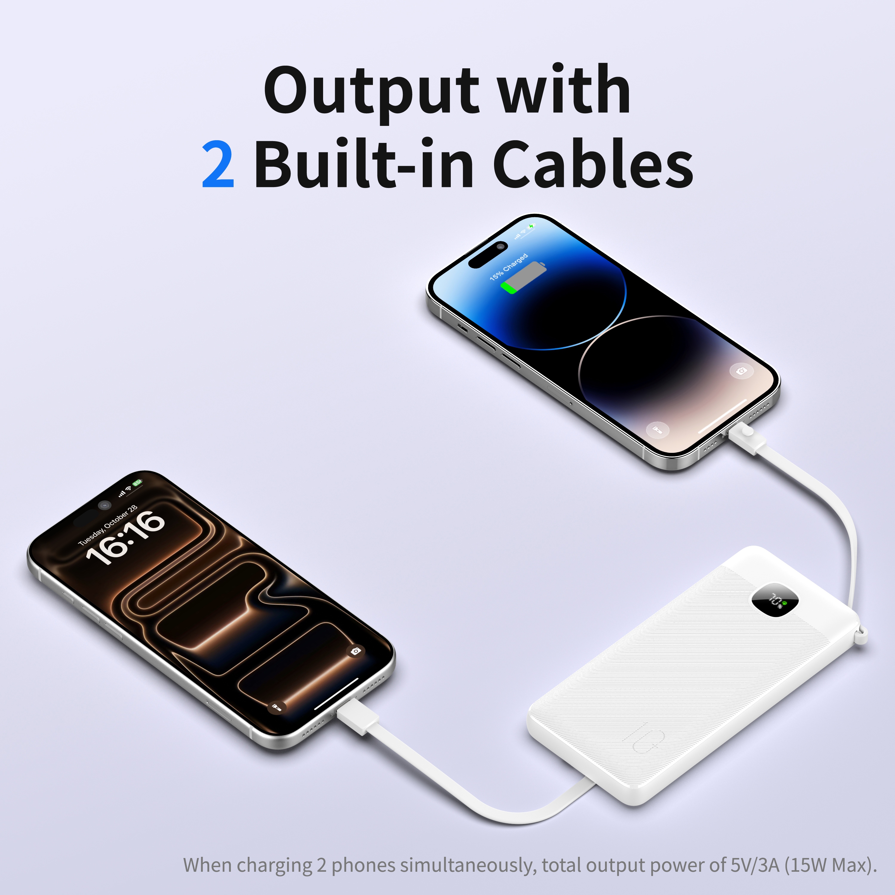 10000mAh Fast Charging Power Bank With 3 Built‑in Cables(Type‑C, Lightning, USB), Type‑C Input & Output Port, USB‑A Output Port, LCD Digital Battery Display Portable External Battery Pack