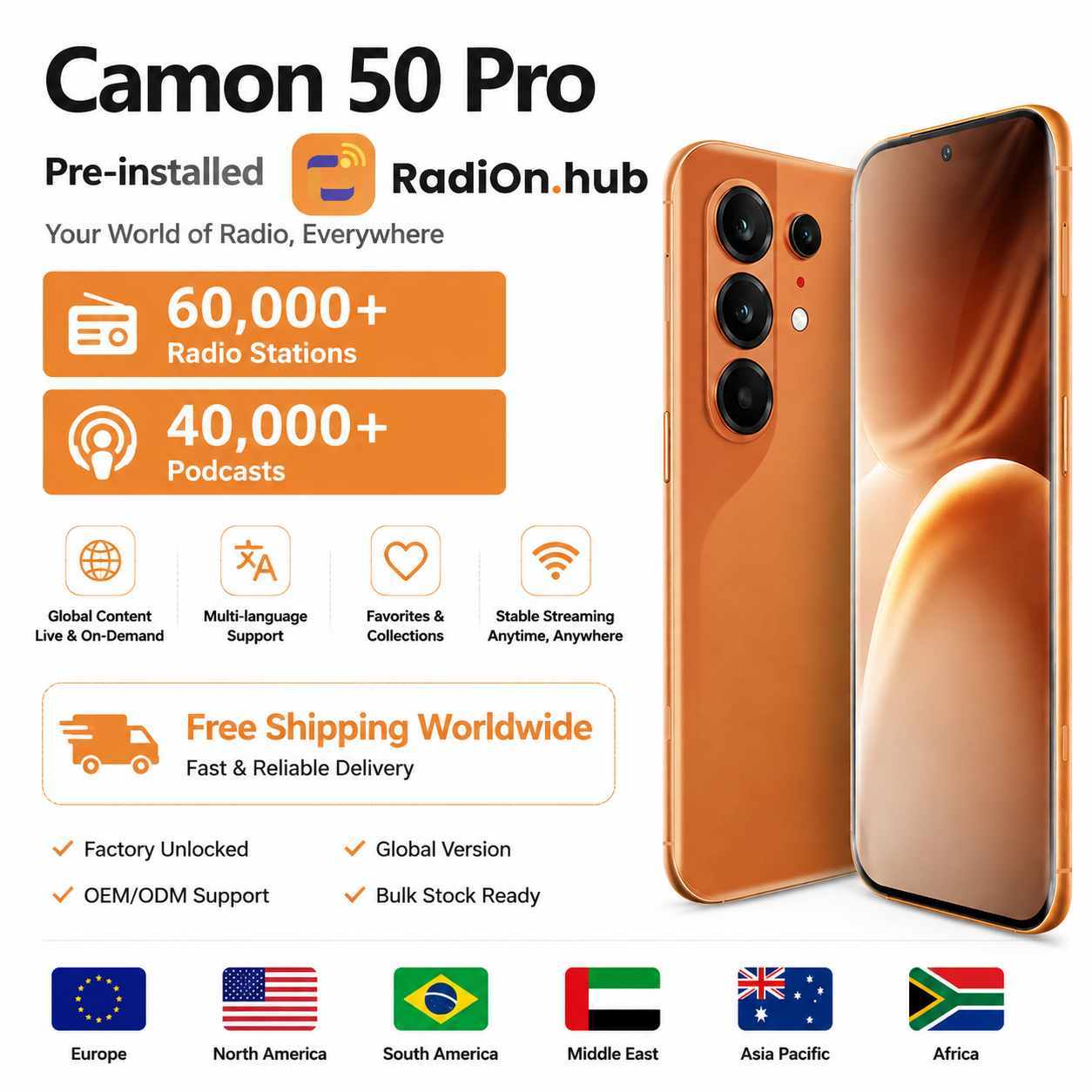 Camon 50 Pro 5g Smartphone With A Popular Radio App And Offers Free Shipping To Europe.