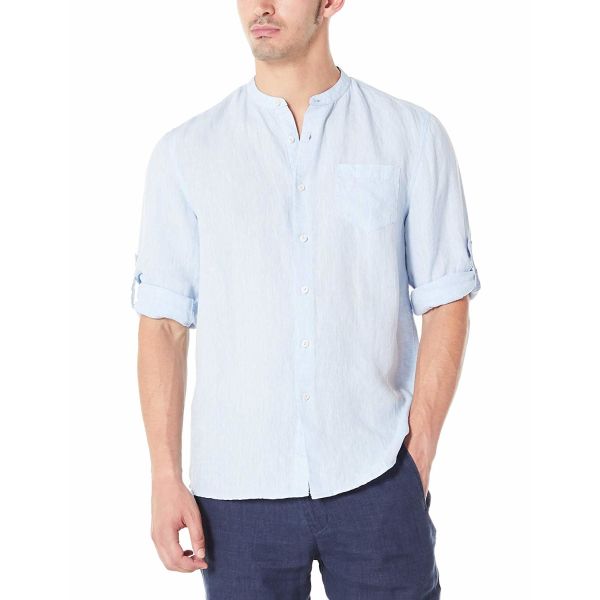 Goose Yellow Chambray Spring Button Up Shirts Yarn Dyed Mens Linen Band Collar Shirt