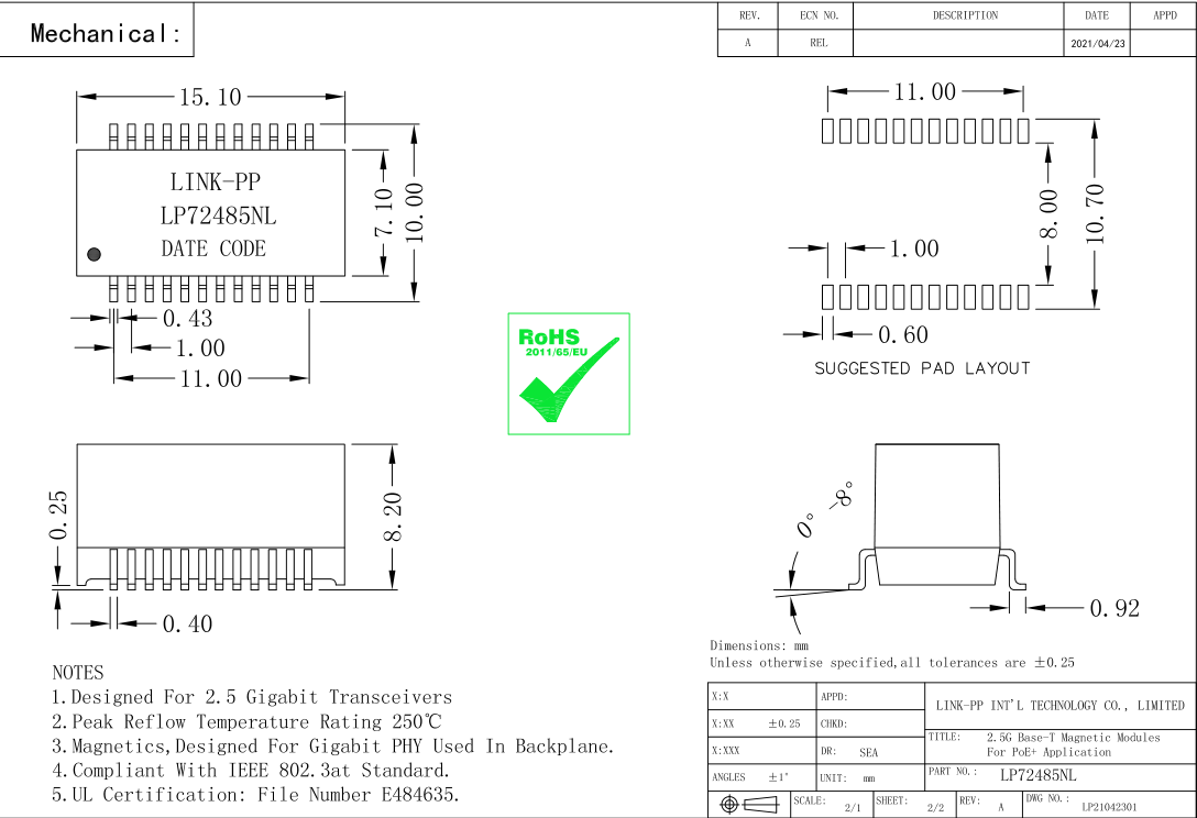 Трансформатор LP72485NL Lan изоляции основания-T PoE+ QT24A154PP 2.5G магнитный