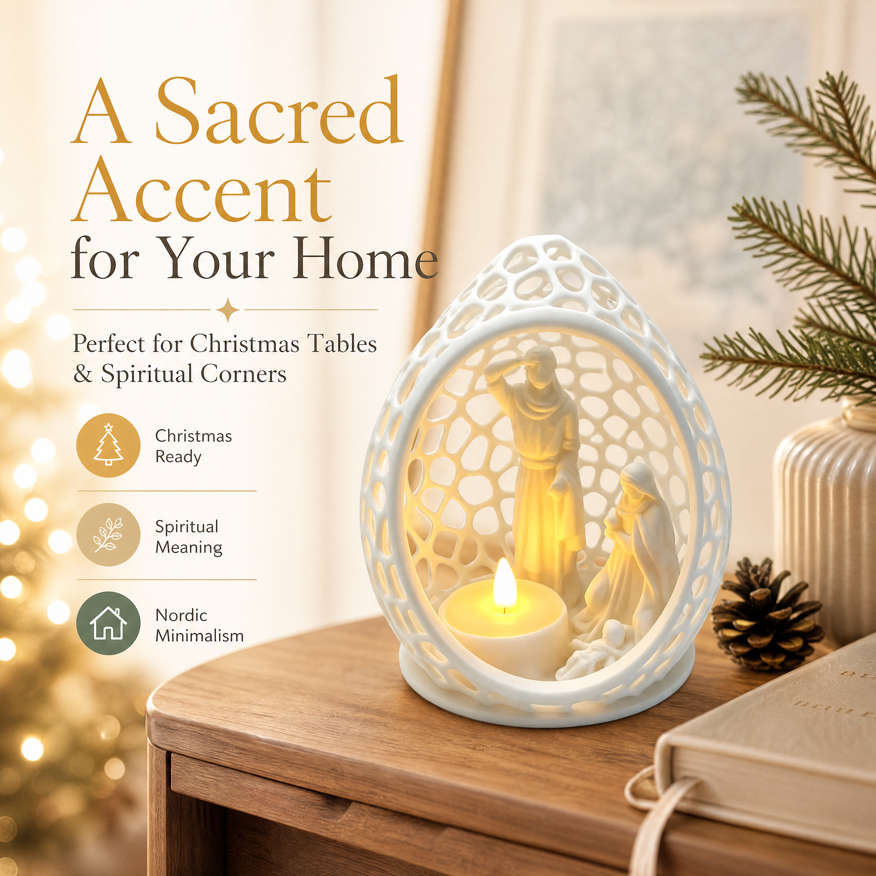 3D Printed Holiday Decoration‑Nativity Scene Tealight Holder, Hollow Egg‑Shaped Christmas Candle Holder