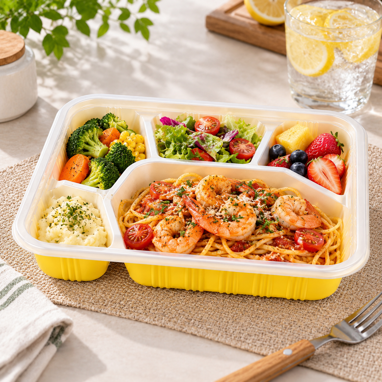Catering Multi Compartment Bento Box Yellow Five Section PP Food Tray For Meals