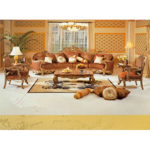 Four Seater Carved Wood Chesterfield Velvet Sofa Set Antique Oak Frame ISO9001