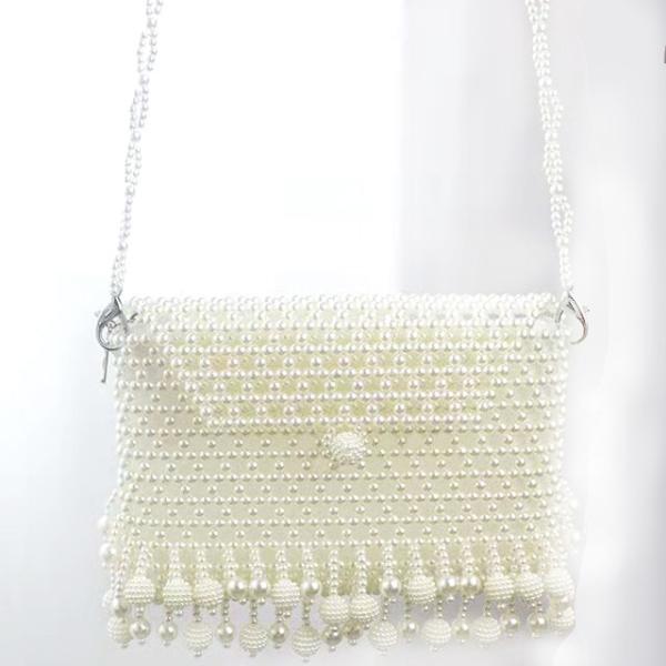 Women 6mm Pearl Hand Bags , White Woven Bead Bag Hand weaving OEM