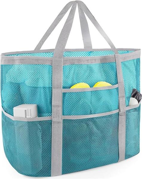 Mesh Beach Bag, Extra Large Beach Bags with 9 Pockets & Zipper Waterproof Lightweight Beach Tote for Beach/Pool Trip
