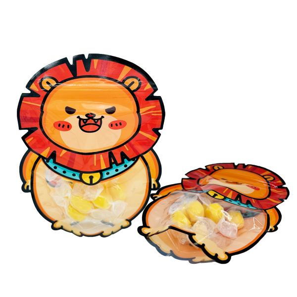 Custom Cute Lion Shape Die Cutting Stand Up Plastic Zipper Pouch with Clear Window for Kids Snack, Food, Candy Packaging
