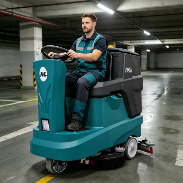 Dual Brush Ride On Floor Scrubber F90A 350MM Cleaning Width Compact Ride Floor Washer for Supermarket