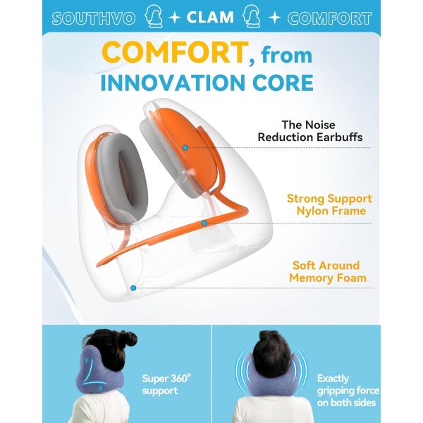 Comfortable Airplane Travel Memory Foam Neck Pillow with Noise Canceling Earmuffs