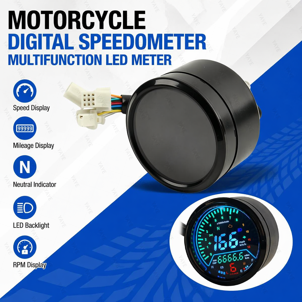 Motorcycle Tachometer Speedometer LCD Fuel Level Gauge Voltmeter Gear Indicator Km/h MPH Display