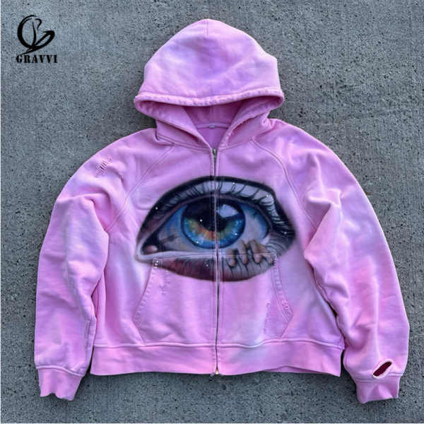 Custom Washed Retro Distressed Fleece Pullover Zip Up Hoodie