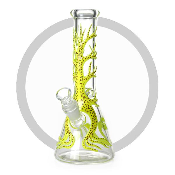 Beaker Bong With Luminous Yellow Tree And Snake UV Glass Smoking Water pipes Hookah