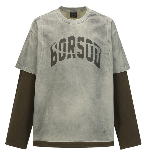 Customen Retro Washed Worn Dirty Dyed 100% Cotton Oversized Two-Piece Long-Sleeved T-shirt Letter Pattern Spring Unisex