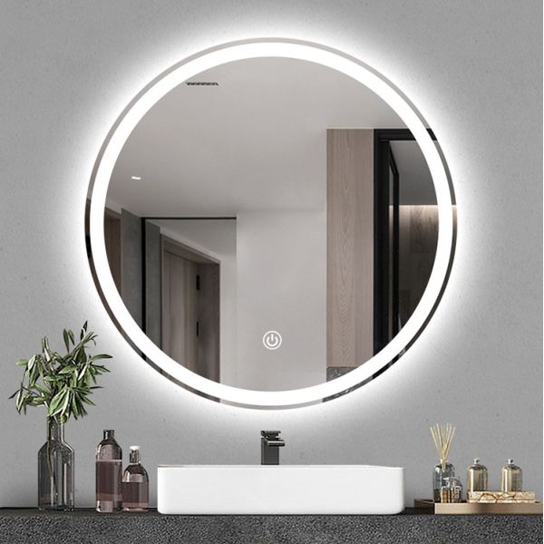Round Polished Edge Bathroom Mirrors With LED Light Smart Touch Sensor