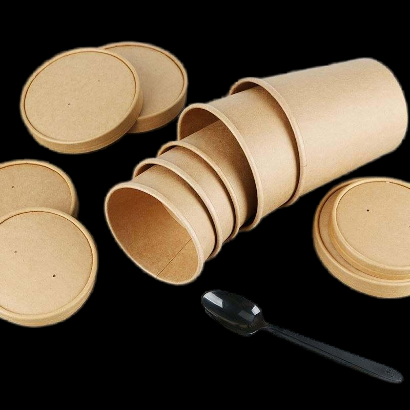 Disposable Biodegradable 8oz Take Away Food Kraft Paper Soup Bowl Cup Container With PP or Paper Lid