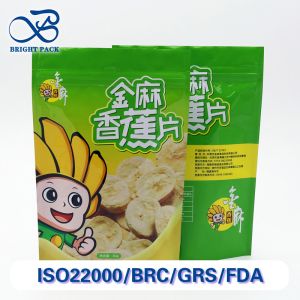 Sacs à soufflet écologiques pour l'emballage de fruits secs avec barrière anti-oxygène et impression en quadrichromie.