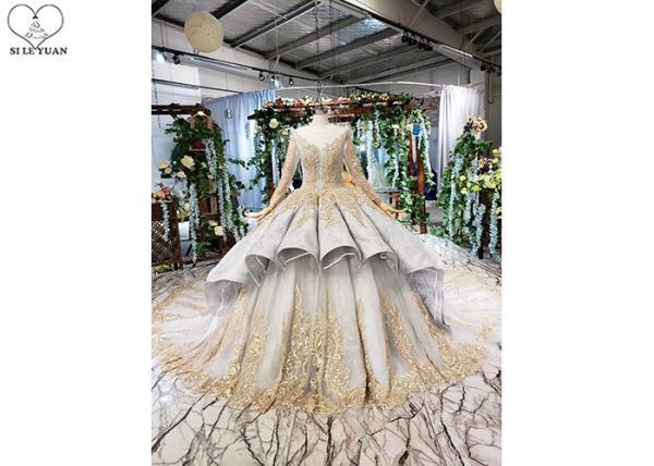 Gold Tailor Made Prom Dresses / Long Sleeve Ball Gown Lace Beading Big Tail