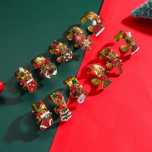 Fashion Popular Stainless Steel Enamel Christmas Tree Stocking Reindeer Snowflake Jewelry Rings 18k Gold Plated Adjustable Ring