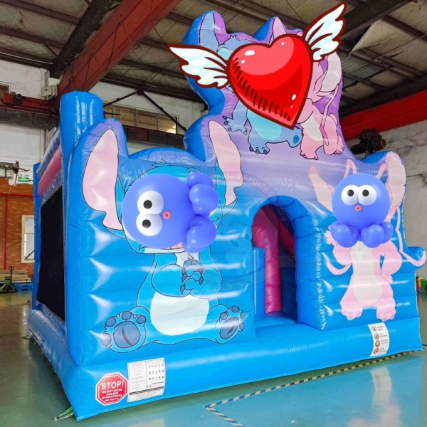 Blue Cartoon Inflatable Bounce House with Slide and Safety Mesh for Kids Events