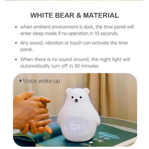 Luz e som de noite LED máquina Urso bonito relógio de treinamento de sono para quartos de crianças