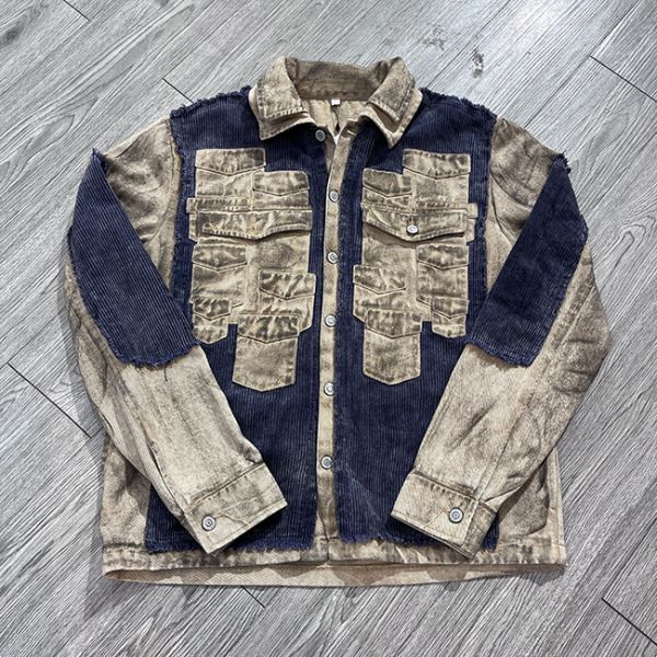 Custom Retro Patchwork Pocket Streetwear Denim Jacket Wash Vintage Distressed Button Up Cargo Jacket For Men