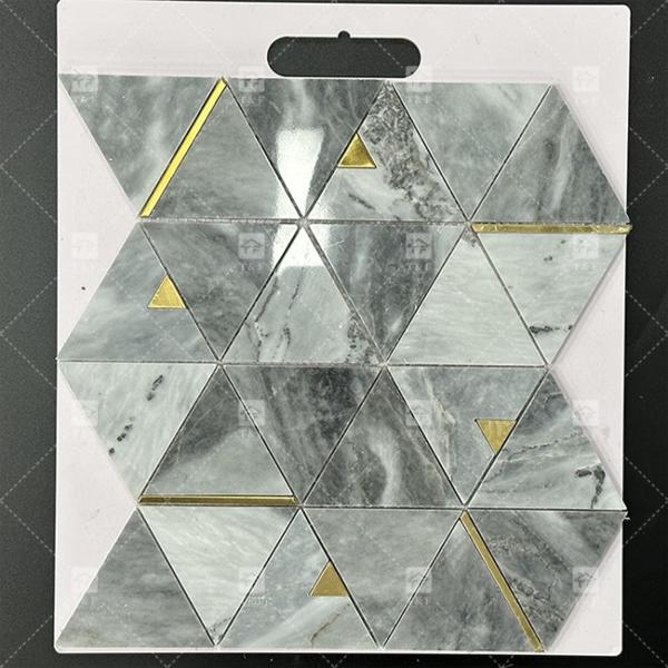 Triângulo de pedra de mármore azulejos de mosaico de luxo com aço inoxidável azulejos de metal mosaico backsplash banheiro