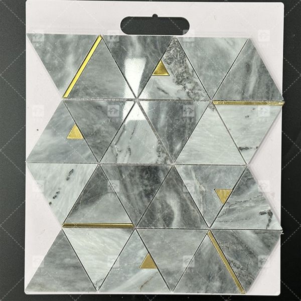 Мраморный камень треугольник роскошные мозаичные плитки с нержавеющей сталью Металлическая мозаичная плитка ванная комната Backsplash