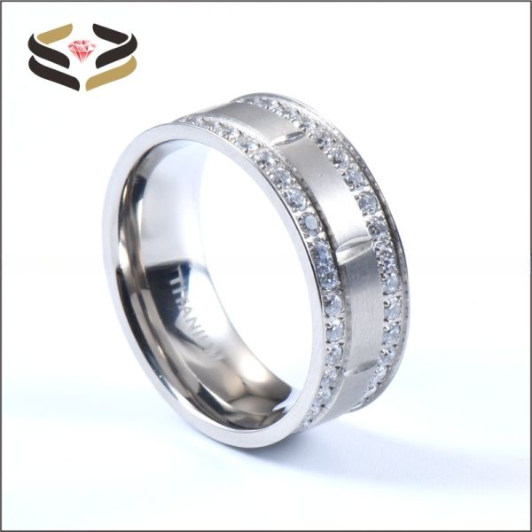 Chic Wedding Titanium Rings 9mm Two Lines Cubic Zircon Inlayed For Women