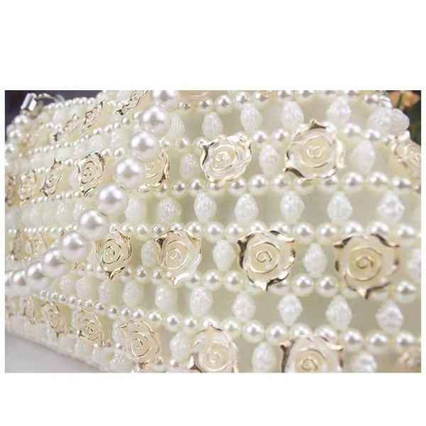 White 6mm Pearl Clutch Handbag Hand Woven Gold Rose shape OEM ODM