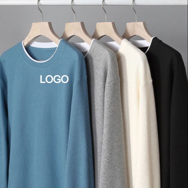 6xl 5xl 3xl Crewneck Sweatshirt Oversized Casual Style Men'S Waffle Knit Thermal Fleece T-Shirt