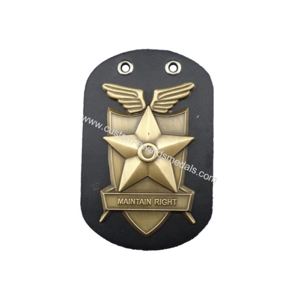 Promotional Gift Maintain Right Leather Badge, Personalized Keychains with Antique Gold Plating and Ball Chain