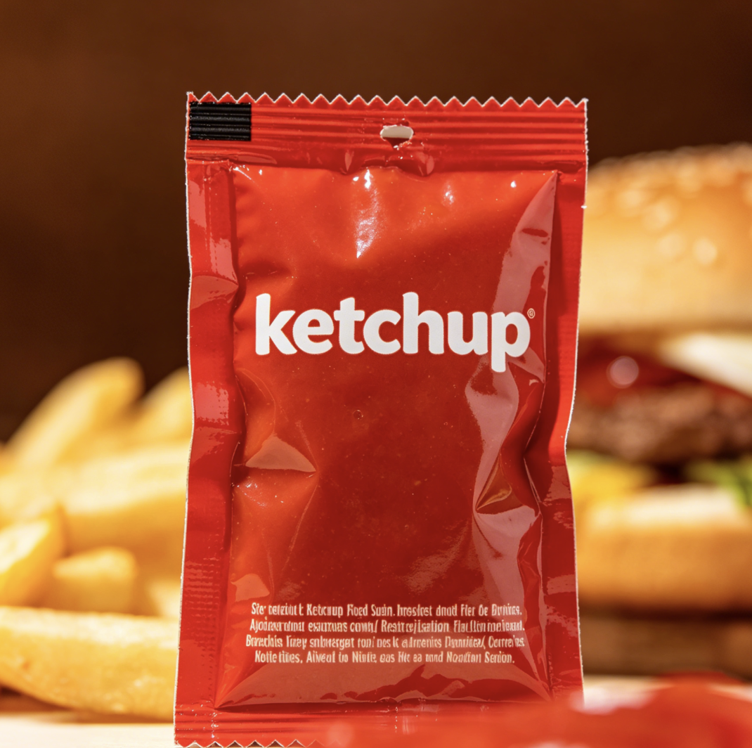 Fast Food Ketchup Sachet with Tear Notch | Single-Use Condiment Pack for Fries, Burgers & Takeaways – Custom Printed Laminated Packaging Also Available for Honey, Juice & Puree