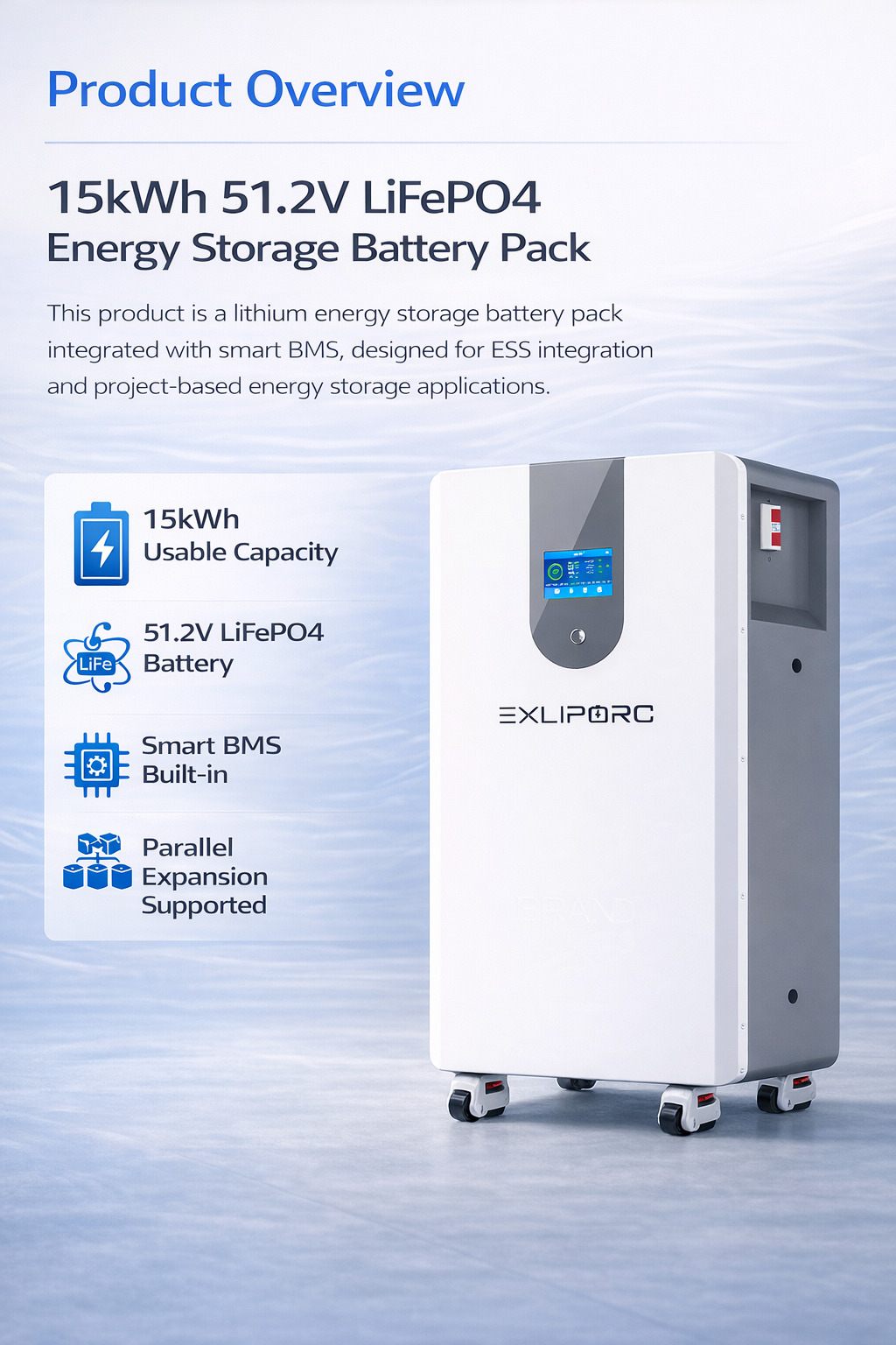 15kWh 51.2V LiFePO4 Vertical Energy Storage Battery Pack with BMS for ESS Projects Inverter Compatible