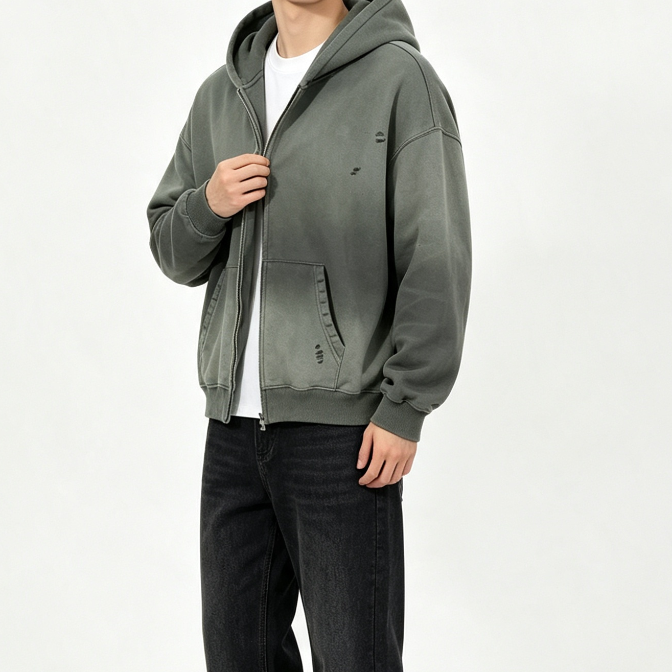 Men’s Distressed Gradient Hoodie Oversized Fleece Lined Streetwear Casual Pullover