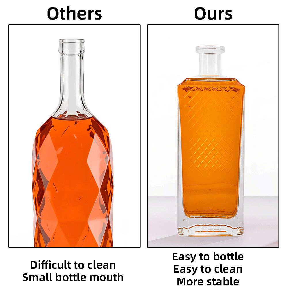 750ml Diamond Texture Square Glass Liquor Bottle For Whiskey Brandy Spirit Decanter