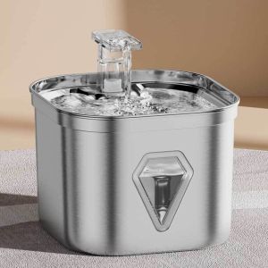 2.5L Stainless Steel Automatic Pet Water Fountain Portable Pet Dispenser Water Level Window Charge Power Source for Cats Dogs