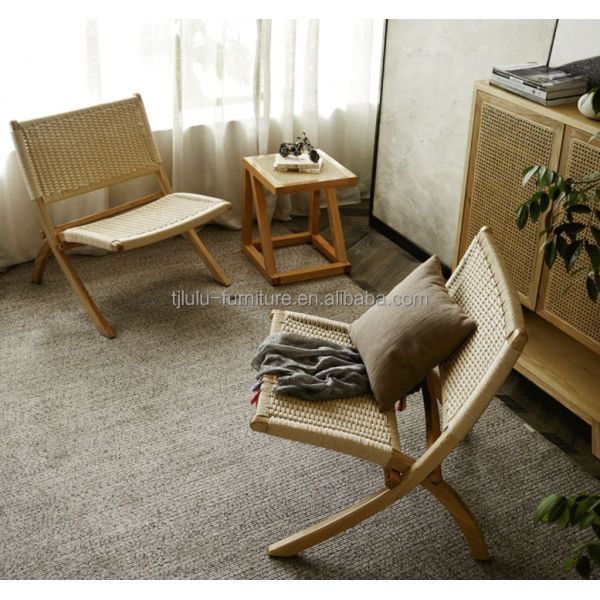 Effortless Elegance Lacquered Finish Nordic Classical Woven Cord Solid Wood Folding Lounge Chair for Living Room
