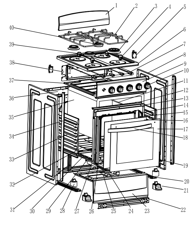 Horno independiente de 4 quemadores a gas de acero inoxidable con puerta de vidrio espejo