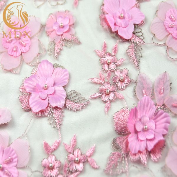 French 3D Flower Lace Fabric Beaded Handmade 1 Yard Pink Lace Cloth