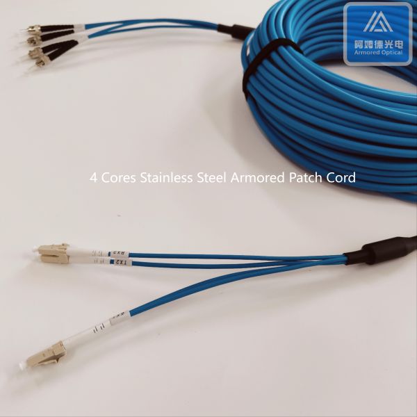 4 Cores OM2 Stainless Steel Armored Fiber Patch Cable ST-DLC-40M 6.5mm Blue LSZH