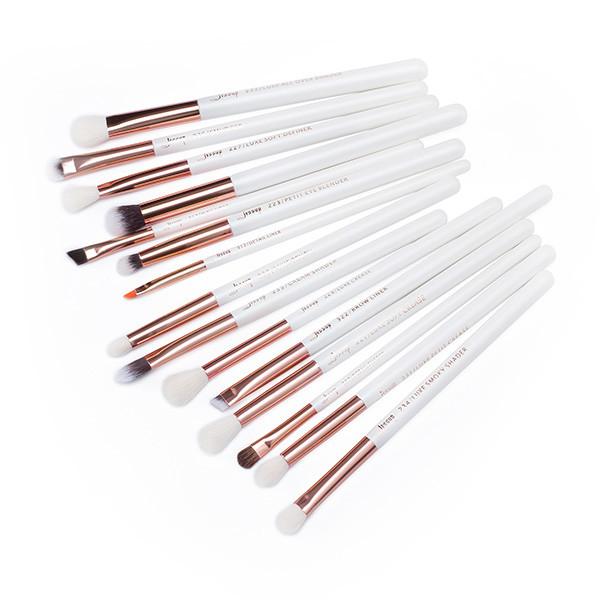 Jessup 15pcs Eye Makeup Brush Set Pearl White/Rose Gold Aluminium Ferrule T217