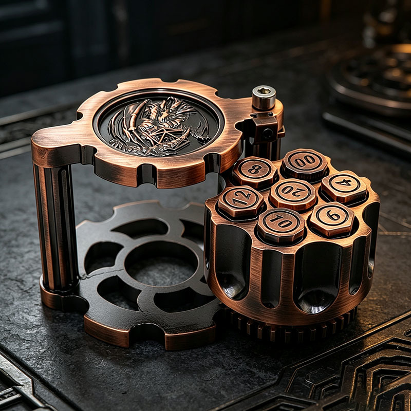 Rotatable Revolver Cylinder Metal Polyhedral Dice Set with Antique Copper Zinc Alloy and Bullet-Shaped RPG Game Dice