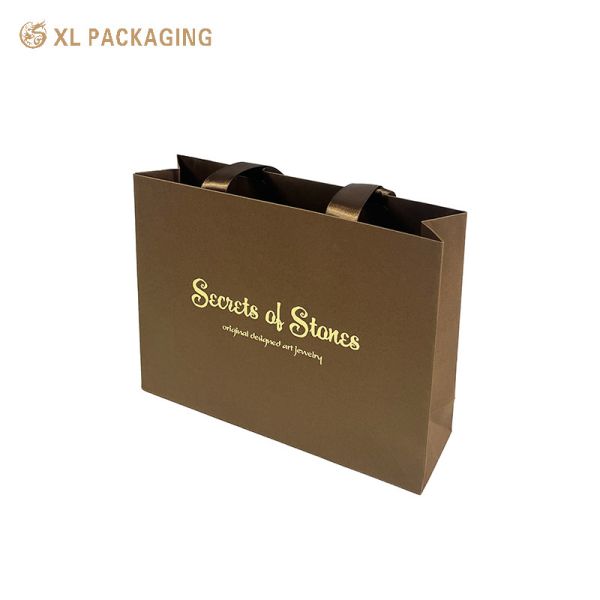 Custom Gold Foil Stamping Kraft Paper Gift Bag with Matte Satin Ribbon Handles and Reinforced Double Fold Edge