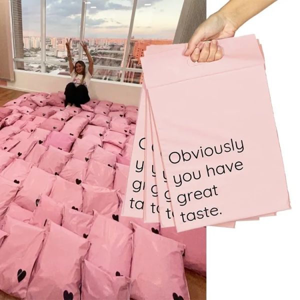 Custom Poly Mailer Logo Thank You Mail Courier Shipping Bags Mailing Pack Poly Mailers With Handle Logo Pink Polymailers 10x13