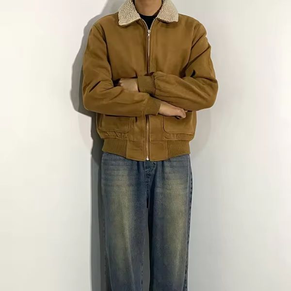 Veste épaisse pour homme en sherpa à fermeture éclair et logo brodé personnalisé, col rabattu, veste décontractée d'hiver en polaire, coupe ajustée