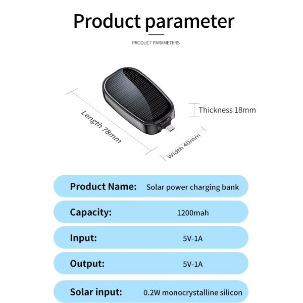 Slim Solar Cordless Power Bank Type C Input 5W Output Keychain Portable Charger
