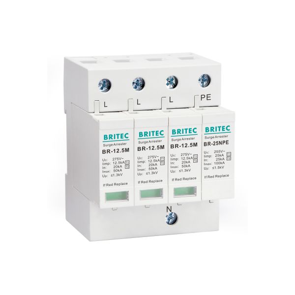 BRITEC BR-12.5M 3P+1 12.5kA Lightning Impulse Current Surge Protection Device with Plug-in Module Design and Class I+II Protection